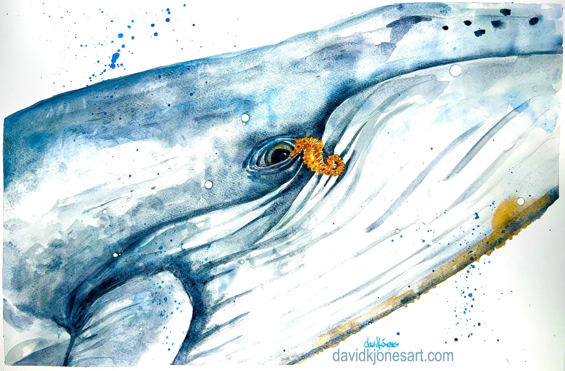 Hello (Whale & Seahorse) Original watercolor - davidkjonesart