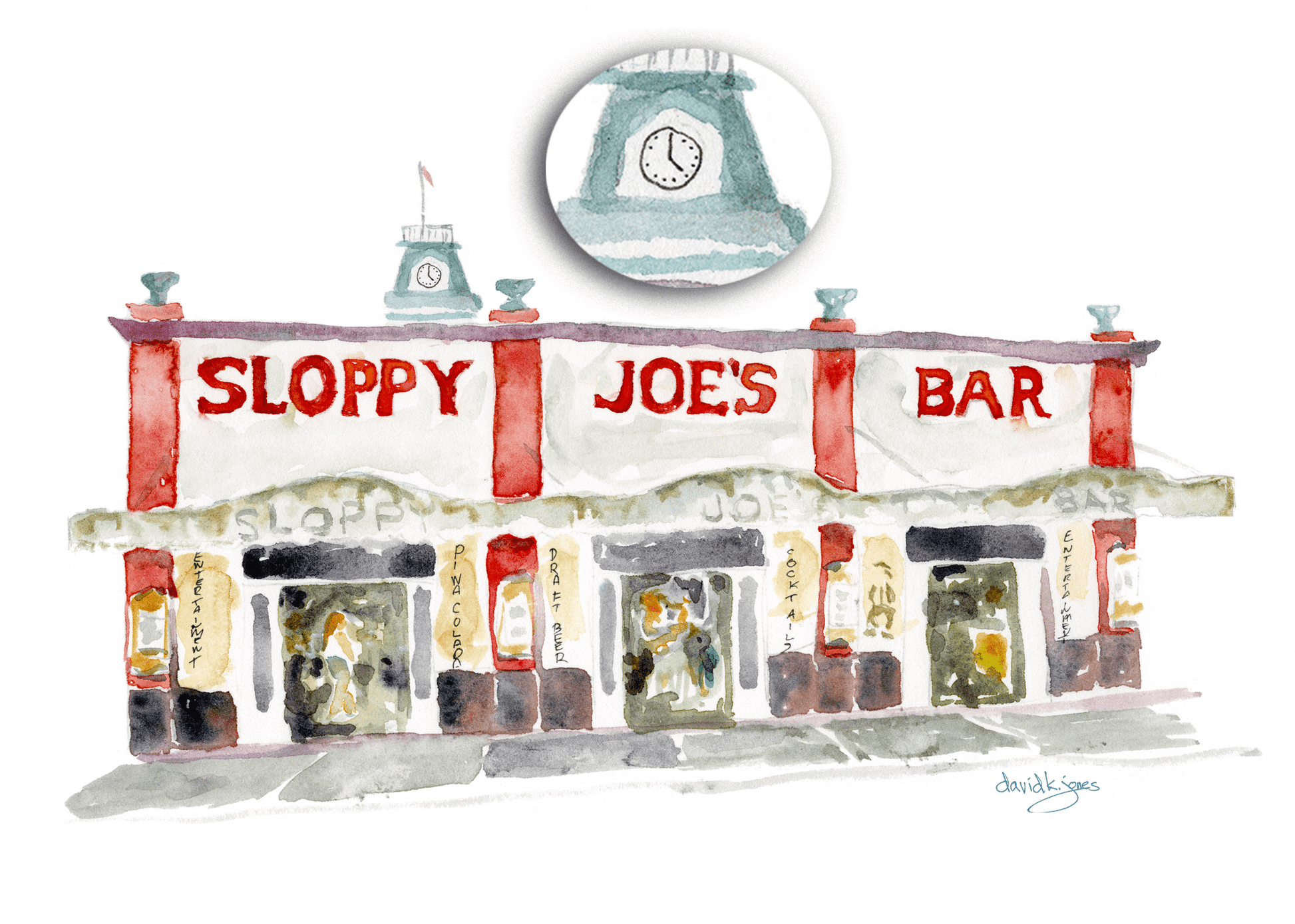 Sloppy Joes Bar (original watercolor) - davidkjonesart