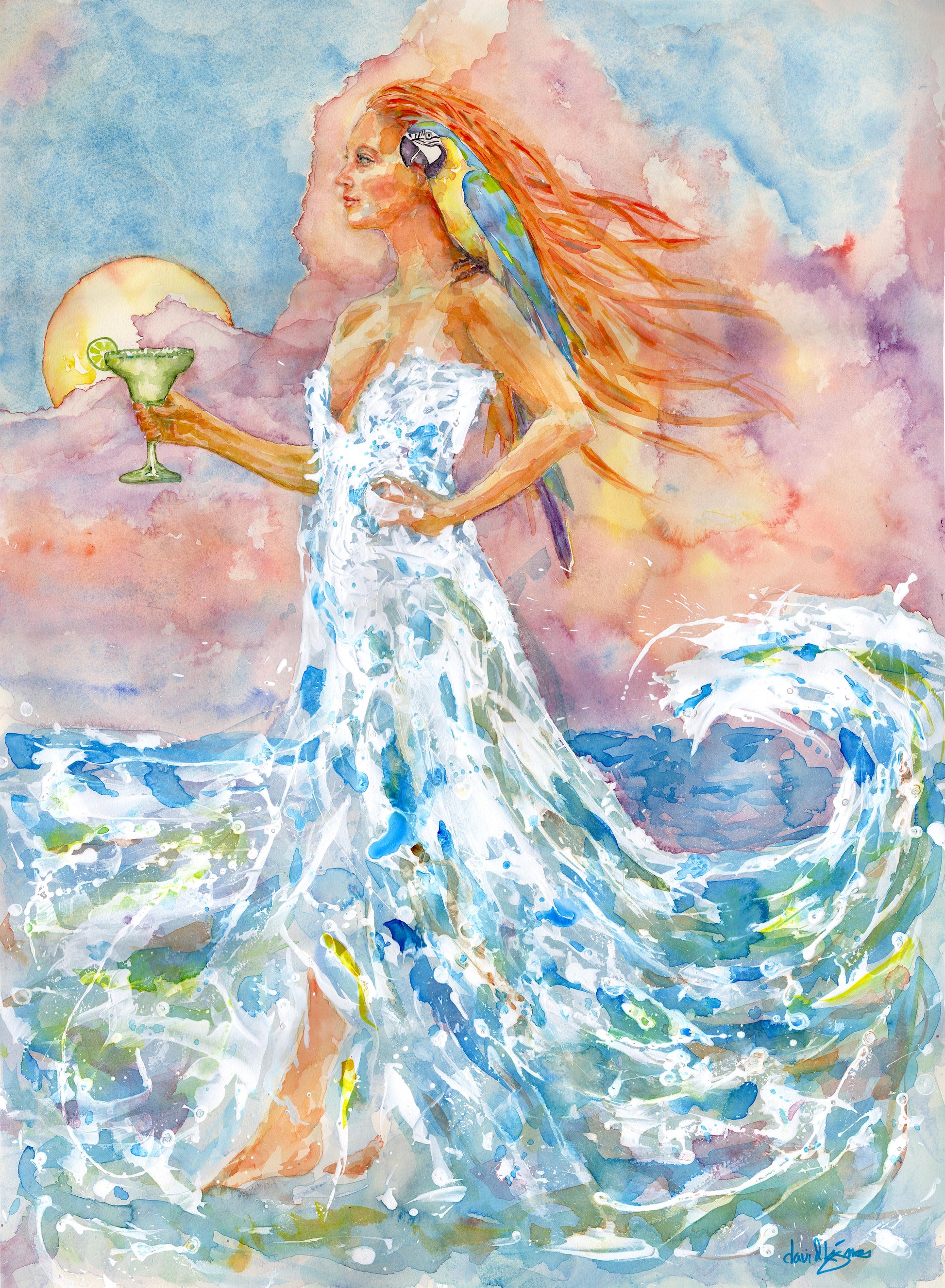 Watercolor painting titled "Treat Her Like A Lady" by David K. Jones, featuring a woman personifying the ocean wearing a gown made of foaming sea waves, holding a margarita with a parrot on her shoulder against a sunset sky.