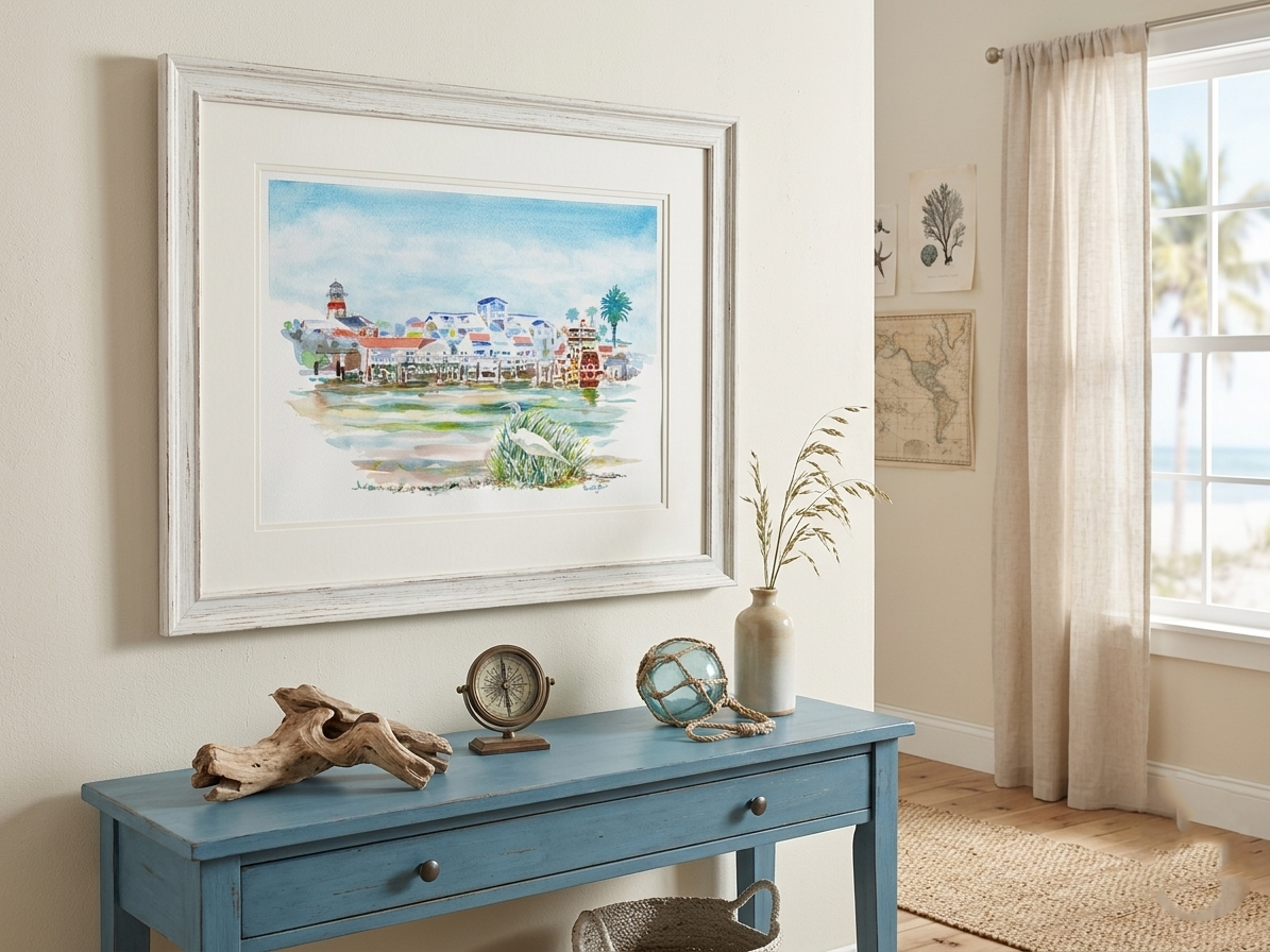 "Paradise at the Pass" watercolor print of Johns Pass Village, Madeira Beach, Florida, by artist David K. Jones. on a wall above a blue console table with decorative items.