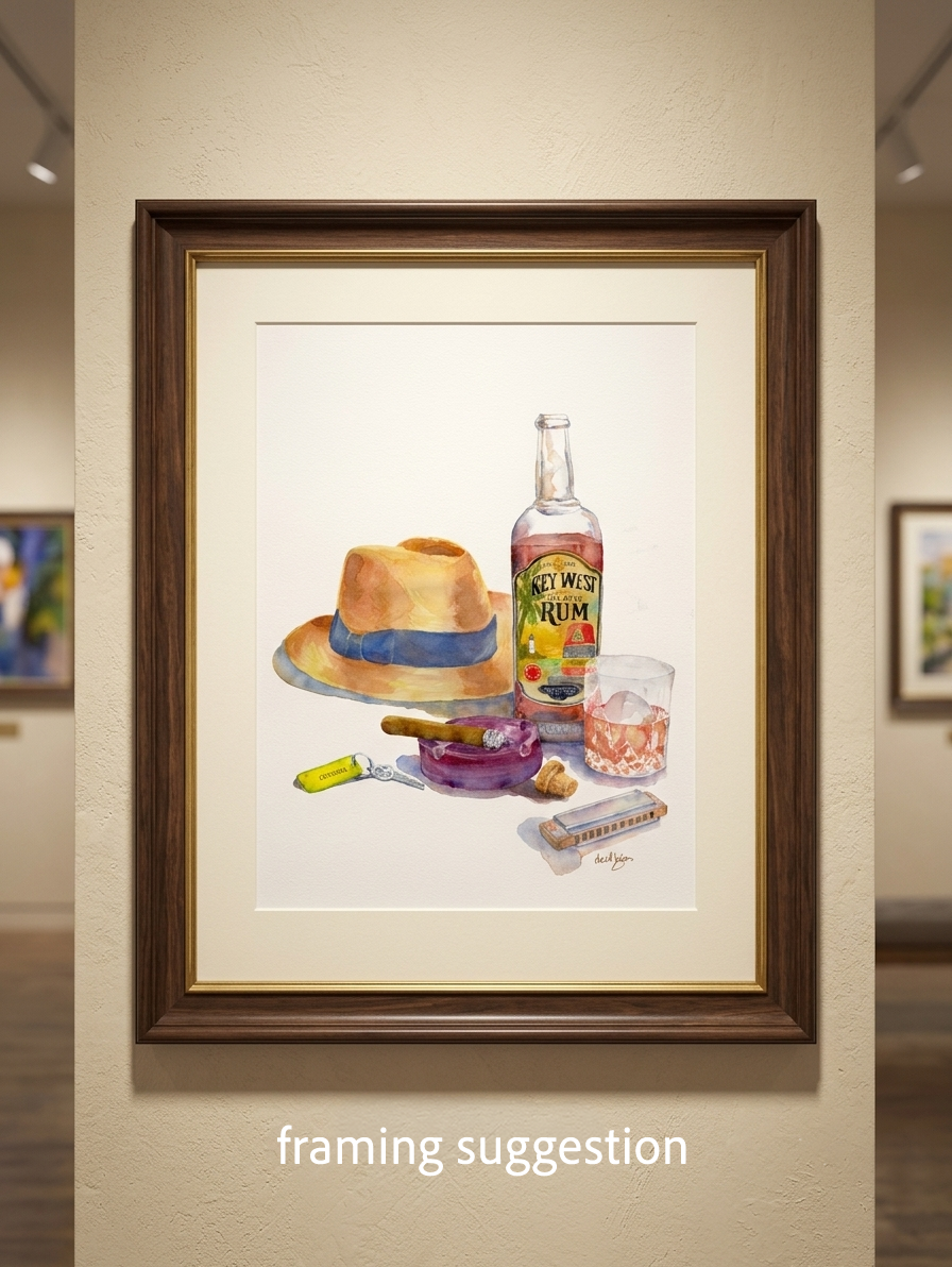 Framed original watercolor still life painting titled "Was the Cordoba Blue or Red" by David K. Jones. Set against a stark white background, a collection of objects evokes a relaxed, tropical vibe inspired by Jimmy Buffett's song "Fool Button."
In the upper left, a classic tan straw fedora features a prominent blue fabric band around its base. To its right stands a mostly full, clear glass bottle of "Key West Island Rum" with a detailed label showing a tropical sunset, a palm tree, and a lighthouse. 