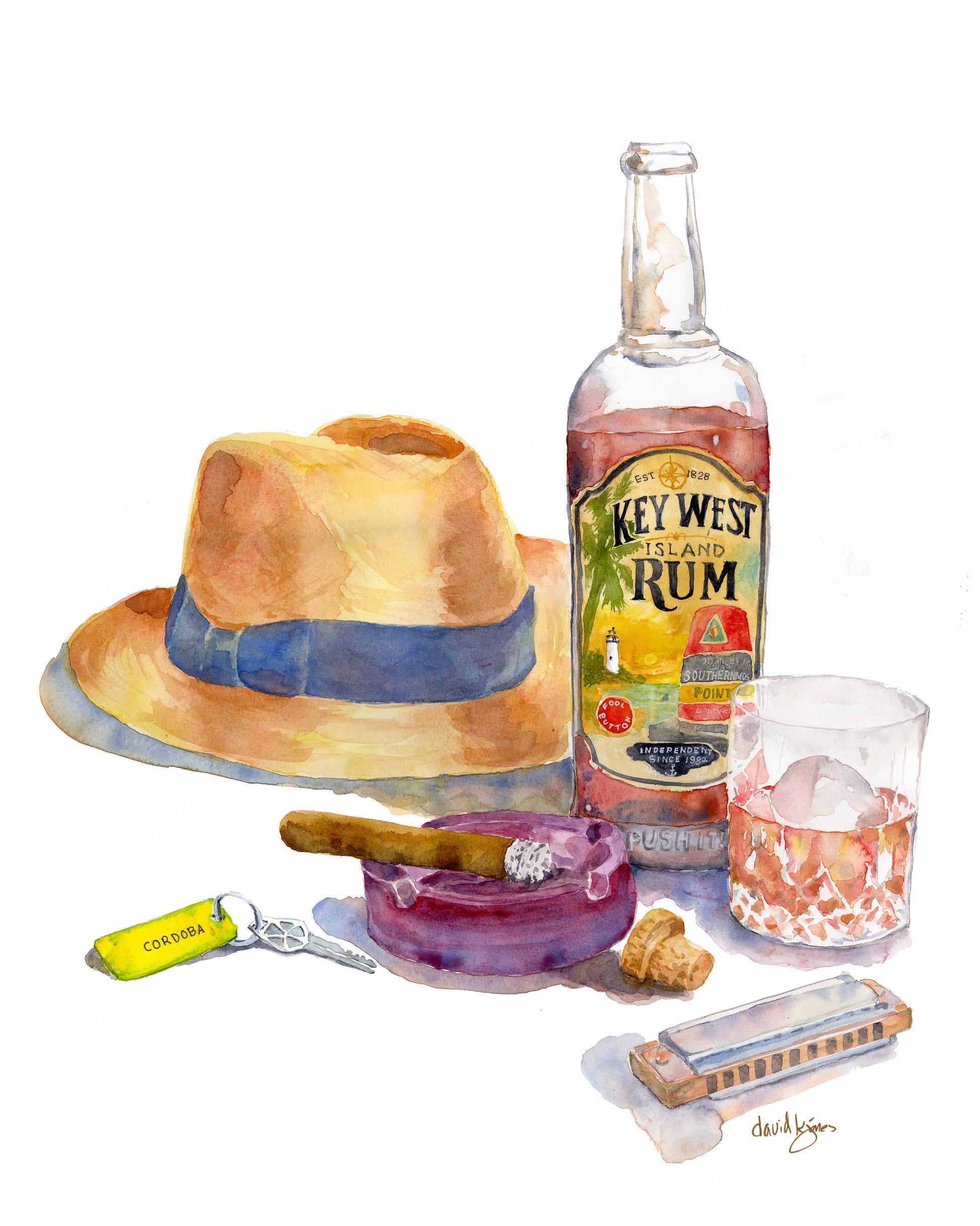Loose watercolor of a bottle of Key West rum, a panama hat, a glass with rum, a cigar, and a harmonica inspired by Jimmy Buffett by David K Jones