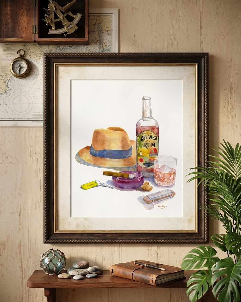 A watercolor inspired by Jimmy Buffett' of Key West rum, a Panama hat, and a cigar hangs in a Florida style room. Painting by David K Jones
