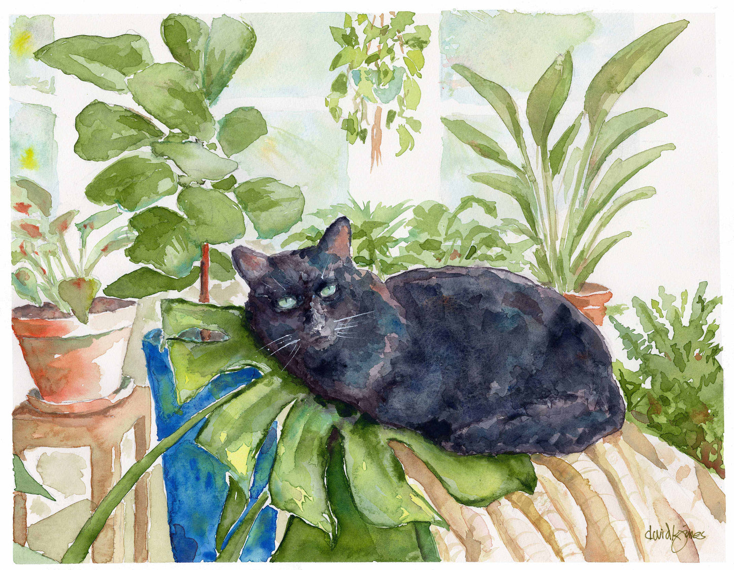 "Augustus" by David K. Jones - Original watercolor painting of a black cat resting on a large tropical plant leaf surrounded by vibrant indoor greenery.