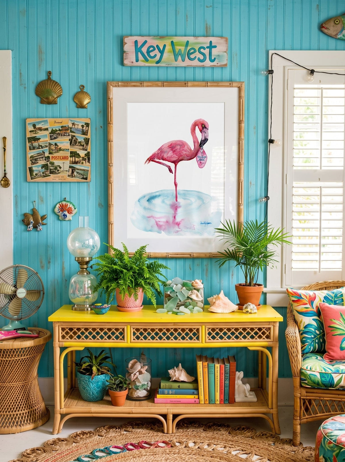 A watercolor painting titled "Flamingo Motel davidkjonesart.jpg", featuring a pink flamingo standing on one leg in a shallow pool of light blue water with its pink reflection visible below. The flamingo is holding a retro pink motel keychain in its beak with the text "Flamingo Motel Room 7". The artwork is signed by the artist in the bottom right corner.
