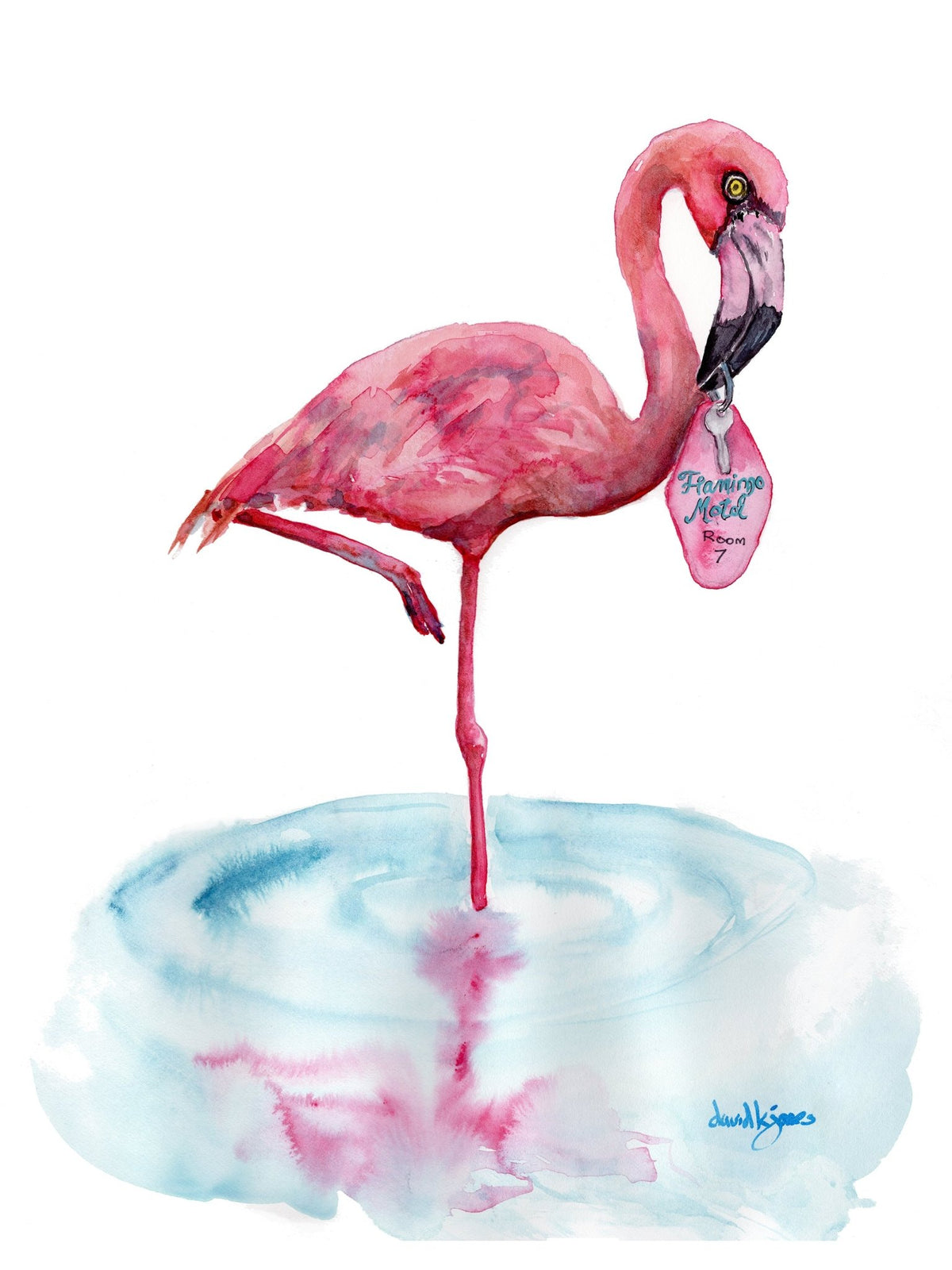 A watercolor painting titled "Flamingo Motel davidkjonesart.jpg", featuring a pink flamingo standing on one leg in a shallow pool of light blue water with its pink reflection visible below. The flamingo is holding a retro pink motel keychain in its beak with the text "Flamingo Motel Room 7". The artwork is signed by the artist in the bottom right corner.