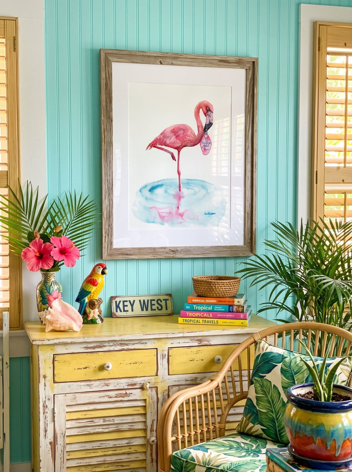 A watercolor painting titled "Flamingo Motel davidkjonesart.jpg", featuring a pink flamingo standing on one leg in a shallow pool of light blue water with its pink reflection visible below. The flamingo is holding a retro pink motel keychain in its beak with the text "Flamingo Motel Room 7". The artwork is signed by the artist in the bottom right corner.