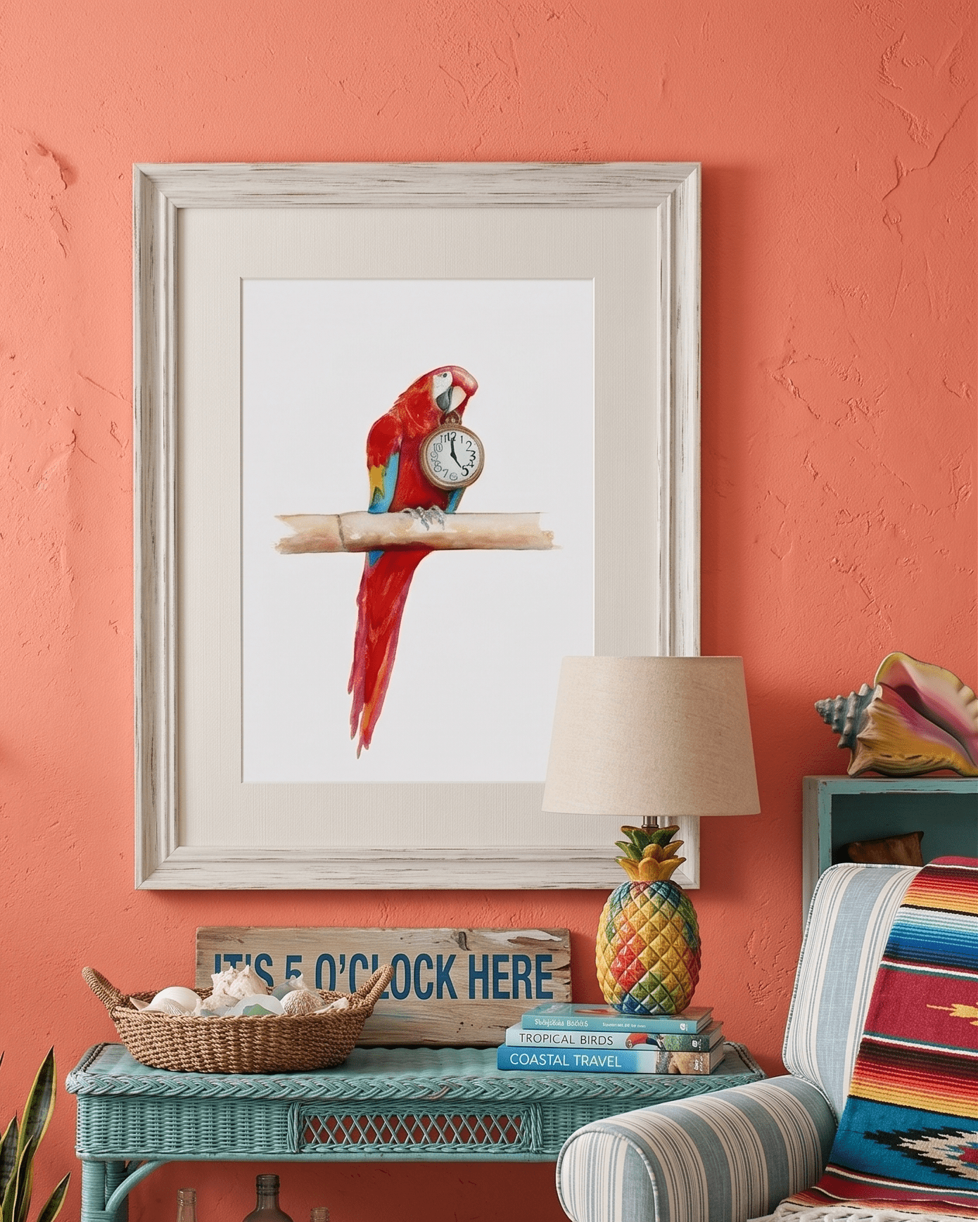 Framed watercolor painting by artist David K. Jones titled "It's Five O'clock HERE," featuring a vibrant scarlet macaw parrot perched on a bamboo branch against a clean white background. The red, blue, and yellow parrot holds a vintage pocket watch in its beak, with the hands explicitly pointing exactly to 5:00. Hung on a coral colored wall over a turquoise wicker table with tropical decor.

