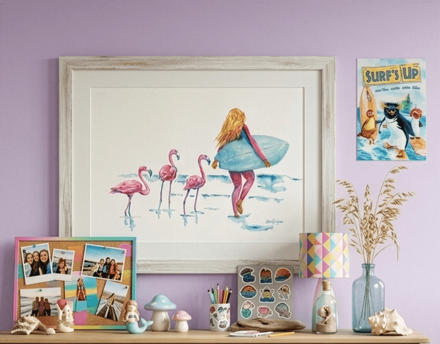 Little Flo Peep (flamingos and surfer girl print) - davidkjonesart