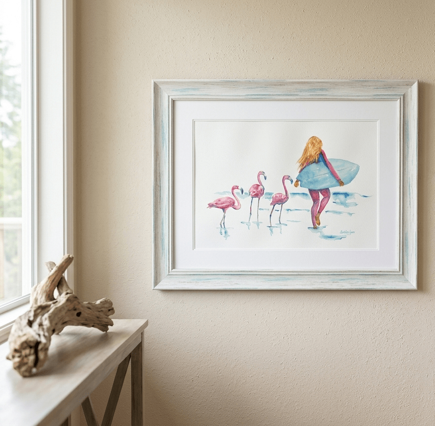 Little Flo Peep (flamingos and surfer girl print) - davidkjonesart