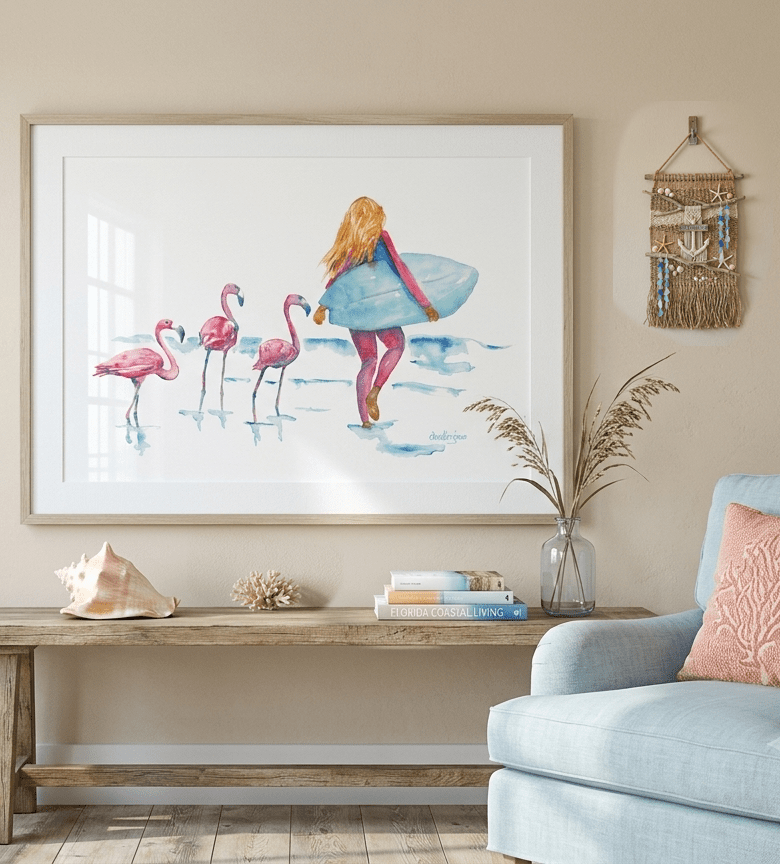 Little Flo Peep (flamingos and surfer girl print) - davidkjonesart