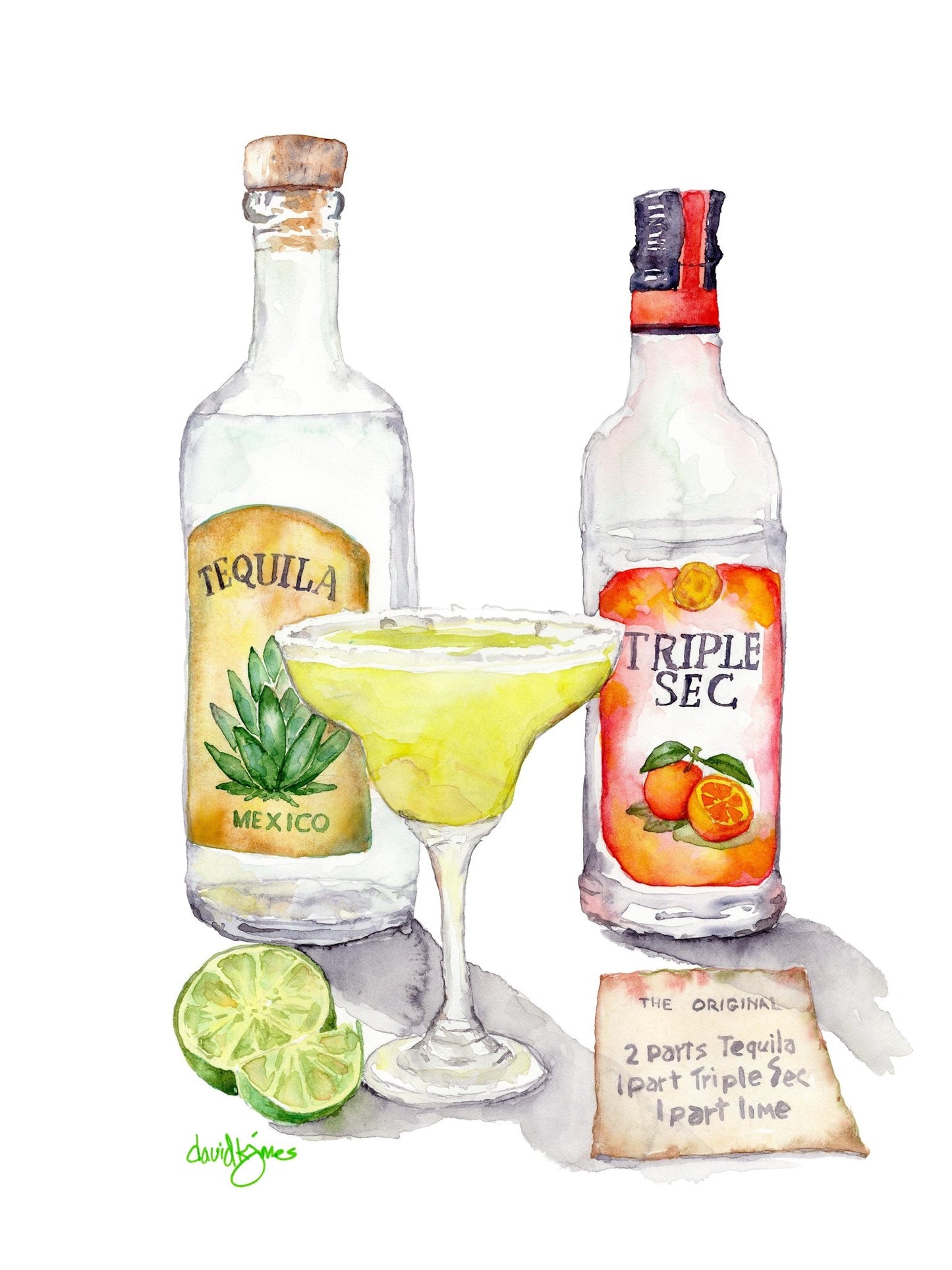 Fun watercolor painting of a margarita cocktail with tequila and triple sec bottles. The tequila bottle has a label with an agave plant and the word "Mexico". A card with the original tequila recipe is part of the painting by David K. Jones.