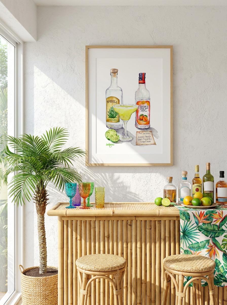 Watercolor print of a margarita cocktail with tequila and triple sec bottles. The artwork includes a lime, a cocktail glass, and a recipe card. The bar area features a bamboo bar, colorful glasses, and a small palm tree. Art by David K. Jones