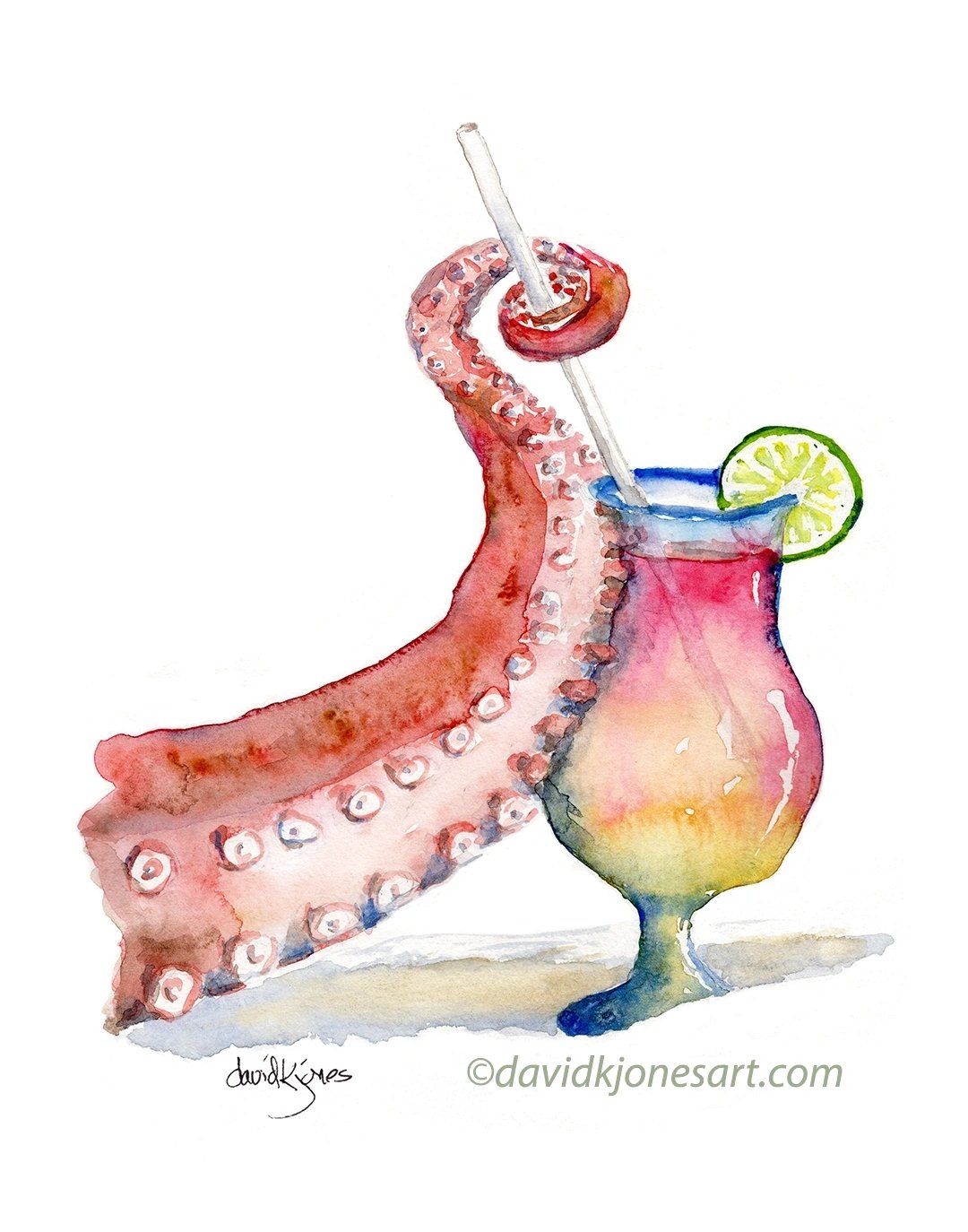 Octopus Drink (original watercolor) - davidkjonesart