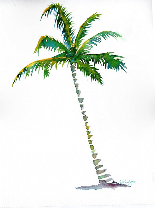 A vibrant watercolor painting of a single tropical palm tree against a clean white background by artist David K Jones. The palm features a slender, curved textured trunk and lush green fronds with subtle yellow and blue-green highlights, painted in a coastal, Key West style.