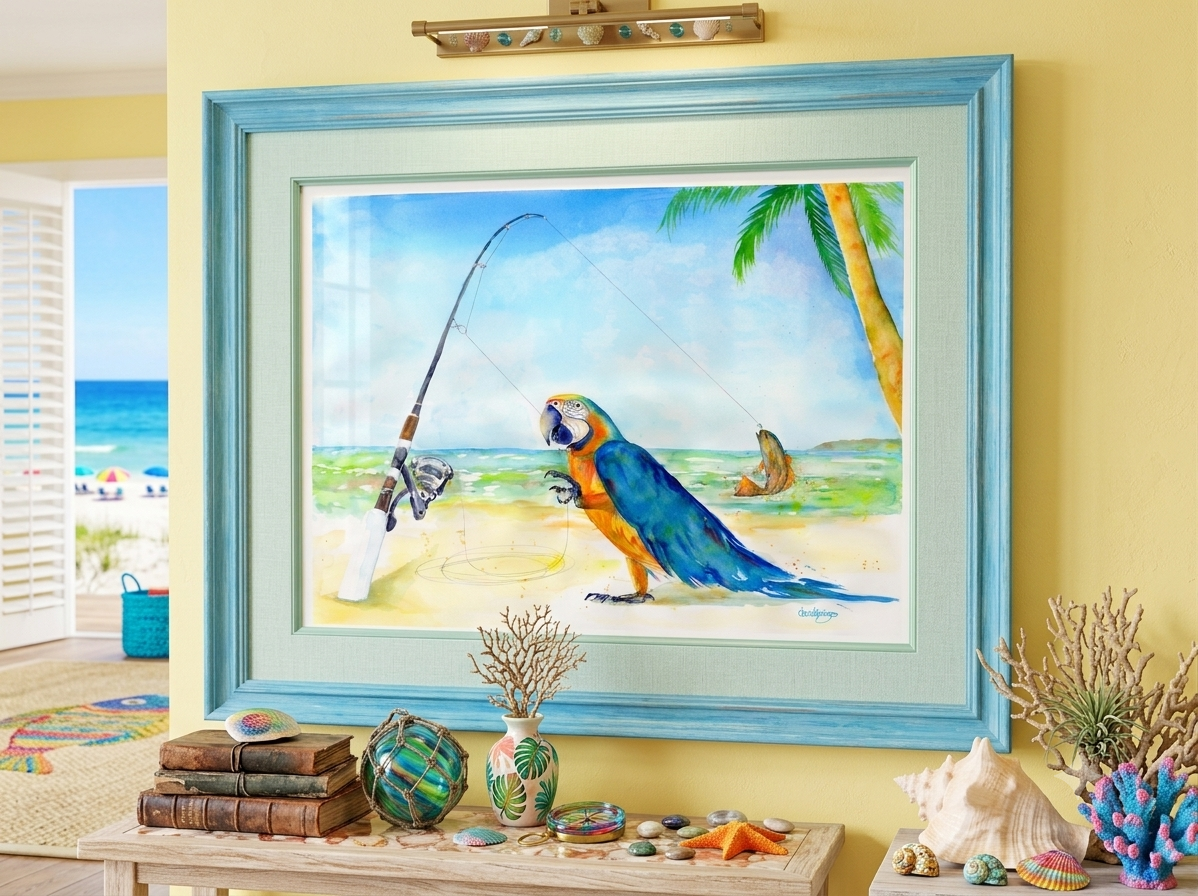 A framed print of David K. Jones's tropical watercolor "Parrothead Fish Tale" displayed in a beach-themed room. The painting is set in a wide, light blue wooden frame with a seafoam green mat, hanging on a soft yellow wall. Below the art, a wooden console table is styled with coastal decor, including sea glass floats, seashells, a starfish, coral, and vintage books. A doorway opens to a sunny ocean beach view.