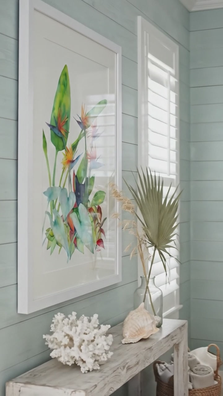 Video of watercolor painting on paper, "Tropical Kitty - Panther Wannabe" by David K. Jones. Features a black cat peering from a tropical garden of Bird of Paradise flowers and large green foliage. A detailed, playful fine art piece capturing the cat's expression.