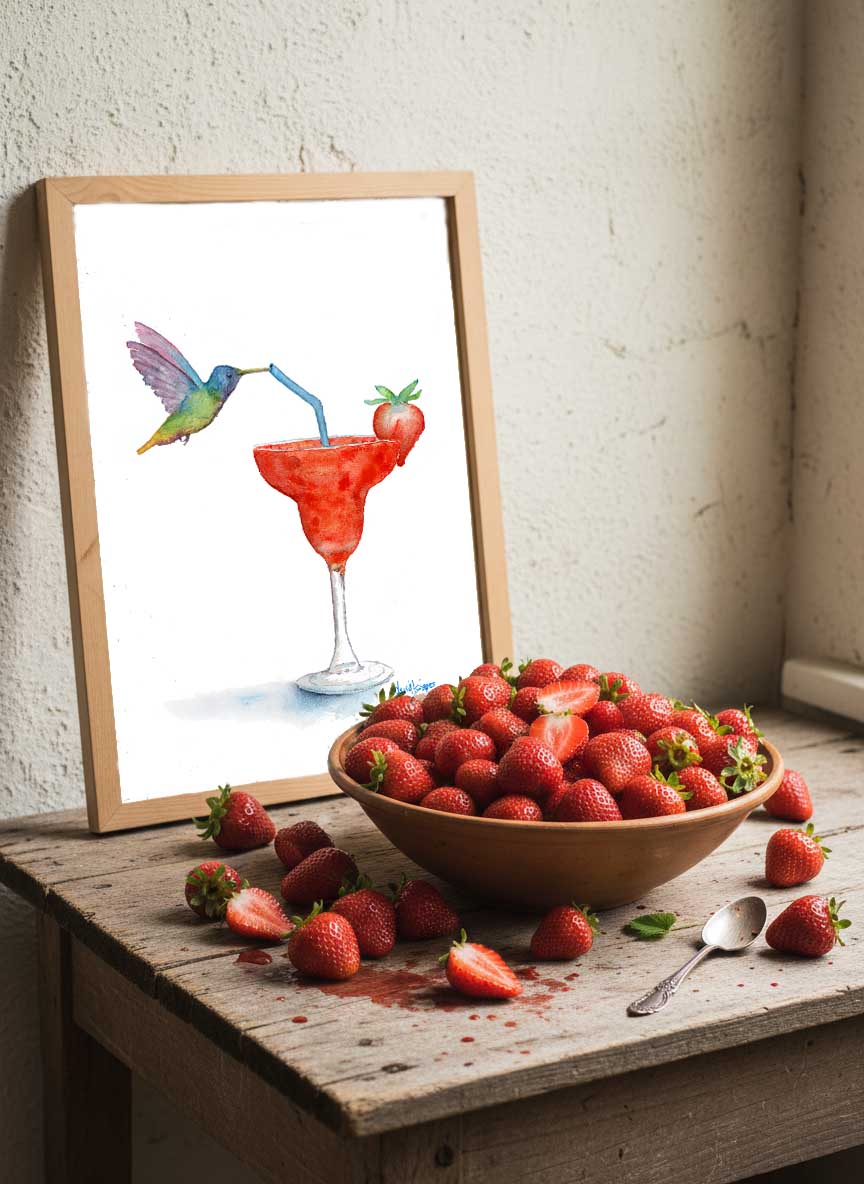 Strawberry Sipper (Art Print) - davidkjonesart