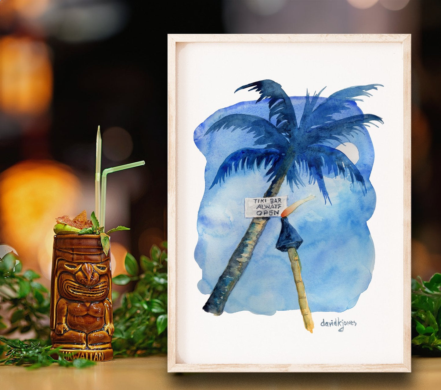 Tiki Bar Always Open (watercolor print) - davidkjonesart