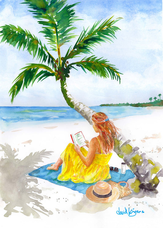  "Turning Pages in Paradise" by David K. Jones. A watercolor painting depicting a woman reading a book on a tropical beach. She wears a bright yellow dress and sits on a blue towel beneath a curved palm tree with green fronds. A straw hat with a black band, sunglasses, a tumbler, and a woven tote bag rest on the white sand nearby, with blue ocean water in the background.
